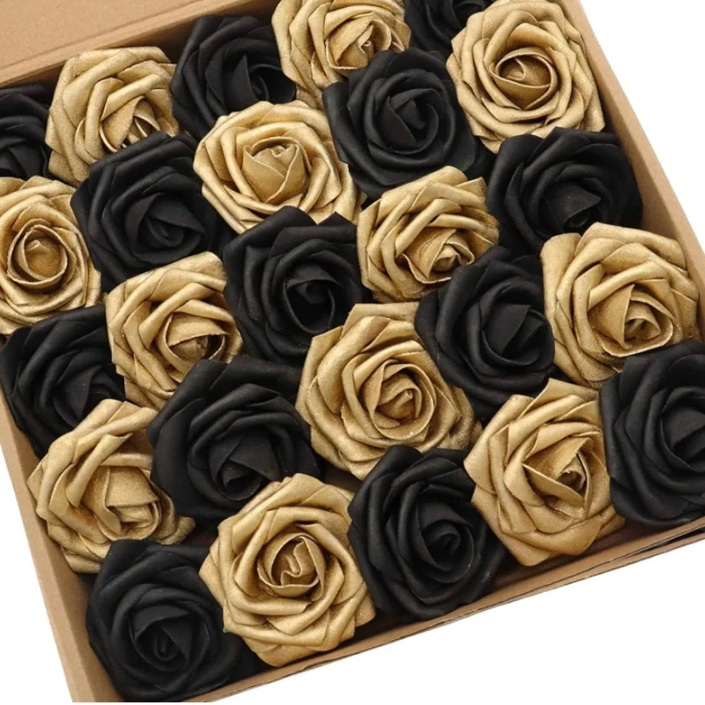 25 Count | Burgundy & Black Roses Wedding Bouquet Flowers Centerpiece Decor